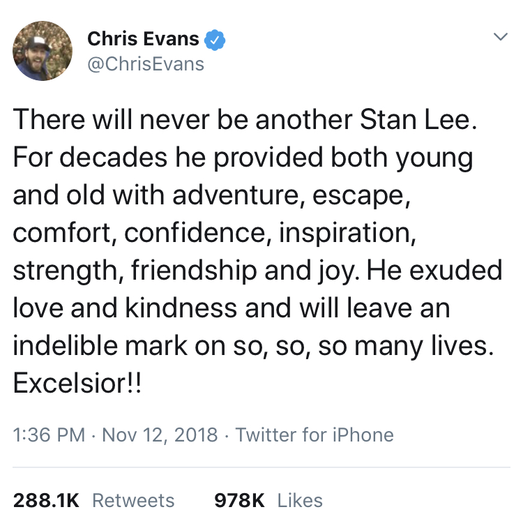 Chris Evans Stan Lee Tribute Tweet